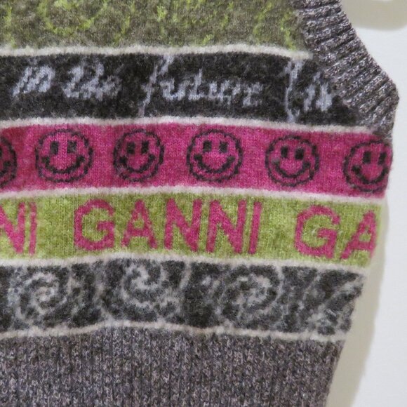 GANNI Smiley Face Space Wool Blend Knit Sweater Vest Grandma Academia Fall - Picture 10 of 13